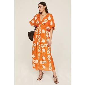 CHUFY Orange White Design Cupro Blend 3/4 Sleeves Lucia Maxi Dress Size Medium